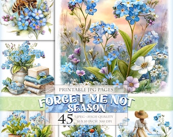Forget Me Not Season, Floral Clipart Set, Printable 45 JPG image, Blue Myosotis Flowers in Spring Landscapes, (Digital Download)