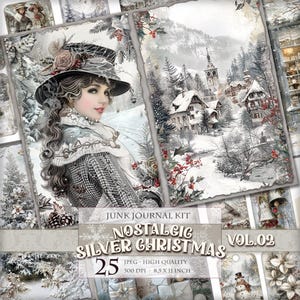 ノスタルジック シルバー クリスマス Vol.02、印刷可能なジャンク ジャーナル キット、デジタル ページ、タグ、ラベル、ATC、26 枚の JPG 11 x 8.5 インチ画像、即時ダウンロード。