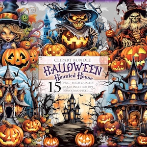 Halloween, casa embrujada, diseños de tazas y camisetas, paquete de imágenes prediseñadas de acuarela, 15 PNG imprimibles de alta calidad, sublimación transparente, descarga instantánea.