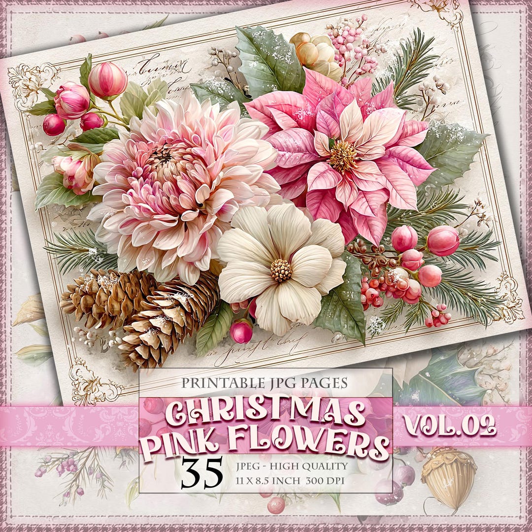 Free Printable Christmas Roses Christmas Pink Flowers Vol.02, Printable 35 JPG Image, Floral Journal ...
