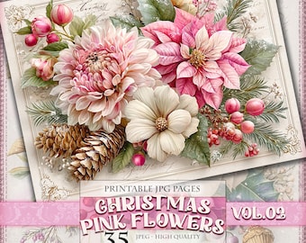 Christmas Pink Flowers Vol.02, Printable 35 JPG image, Floral Journal Winter Clipart Ephemera Pages Postcard Art Poster, instant download.
