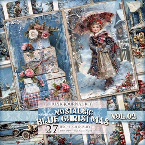 ノスタルジック ブルー クリスマス Vol.02、印刷可能なジャンク ジャーナル キット、デジタル ページ、ラベル、ATC、27 JPG 画像、Ephemera Supply 即時ダウンロード。