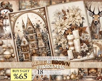 Noël beige et marron, feuille de collage numérique, pages imprimables, HQ 18 JPG - 11 X 8,5 pouces, téléchargement immédiat.