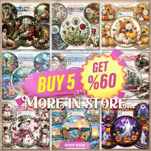 May include: A collection of round cliparts and ornaments with various themes, including nativity scenes, dandelions, pumpkins, dragonflies, Christmas, snowmen, landscapes, and ghosts. The image includes text that says "BUY 5 GET %60" and "MORE IN STORE".