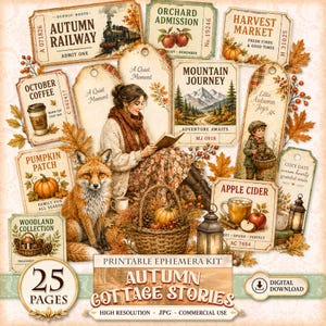 Peut inclure: Un ensemble d'éphémères imprimables composé d'étiquettes et de billets sur le thème de l'automne, illustrés d'un renard, d'une personne lisant, de citrouilles, de montagnes et de lanternes. Le texte inclut Autumn Railway et Harvest Market.