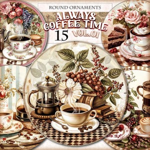 Adornos redondos PNG Always Coffee Time Vol.01, paquete de 15 imágenes prediseñadas de acuarela HQ imprimibles, colgadores de puerta, letreros de coronas, descarga instantánea de imágenes.