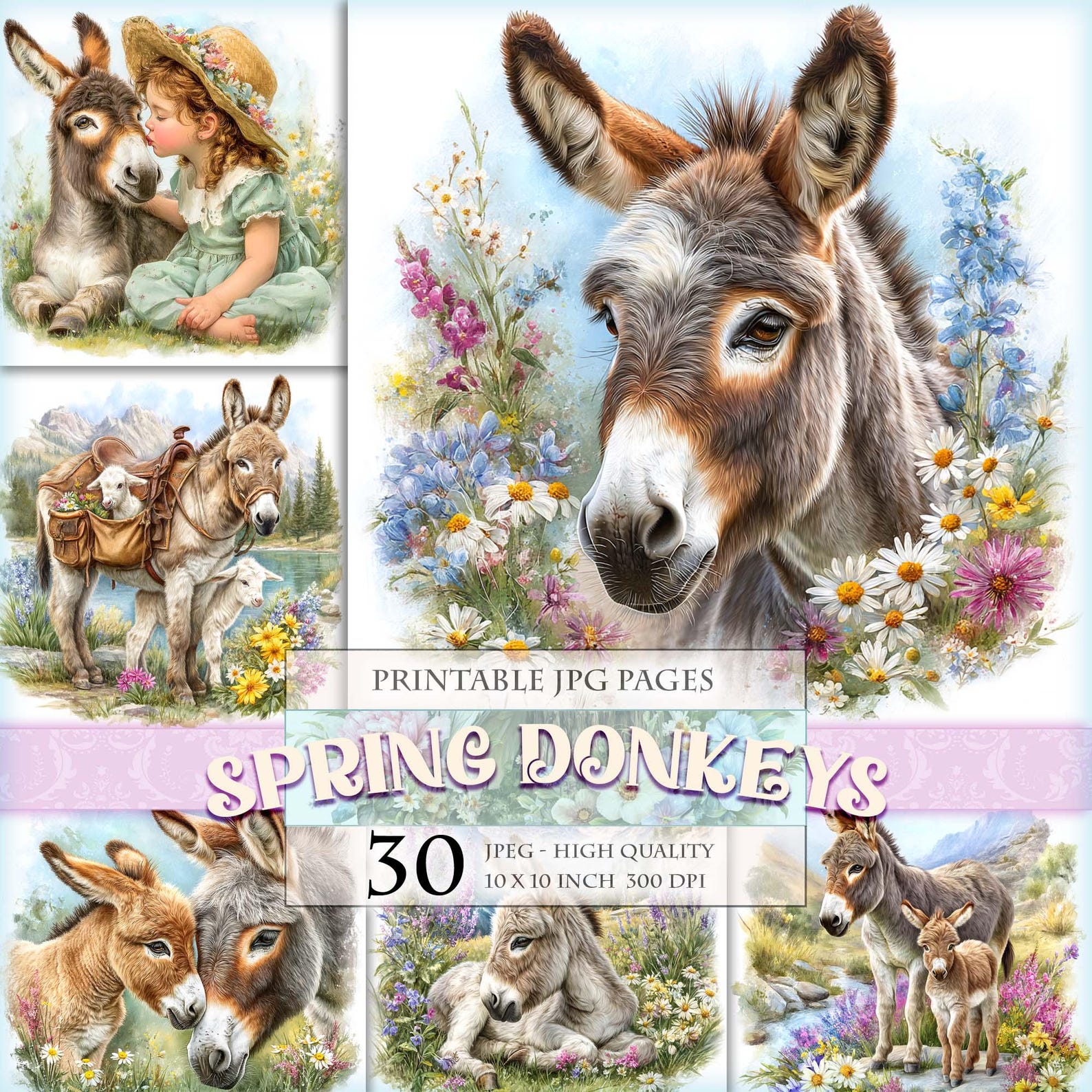 Spring Donkey Spring Donkeys Clipart Bundle, Printable 30 JPEG Image, Wildflower ...
