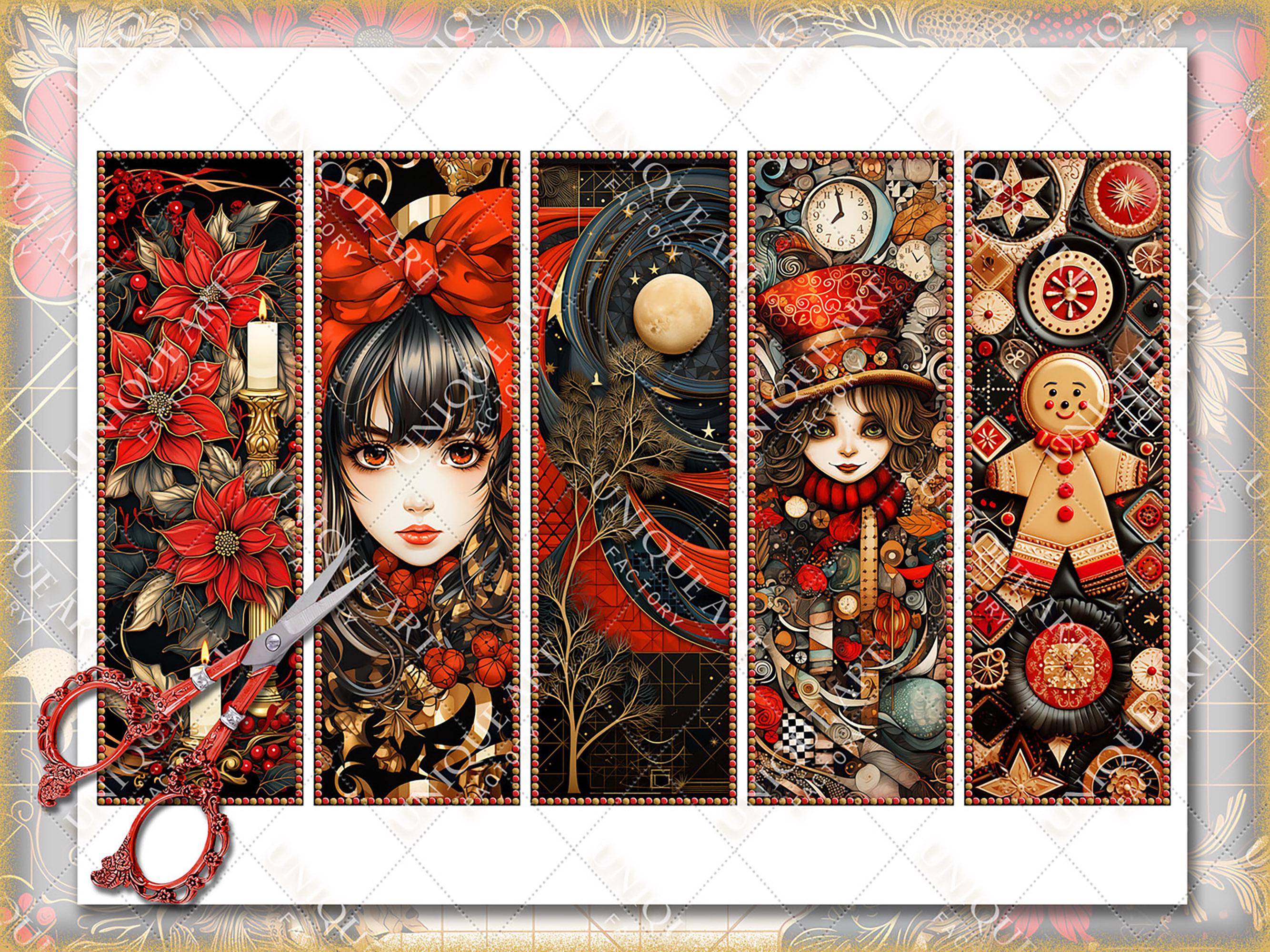 Bookmark Design Color:red Black and Red Bookmarks, Vintage Noel, Watercolor Digital Sheets, 2x6,5 ...