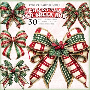 Christmas Red-Green Ribbon Bow, Printable 30 HQ PNG Clipart Bundle, Fussy Cuts Gift Ornaments transparent sublimation image instant download