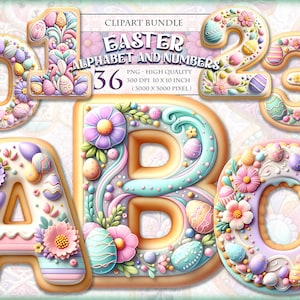 Alfabeto e números de Páscoa, pacote de clipart, 36 formatos PNG transparentes para impressão em HQ, download instantâneo.