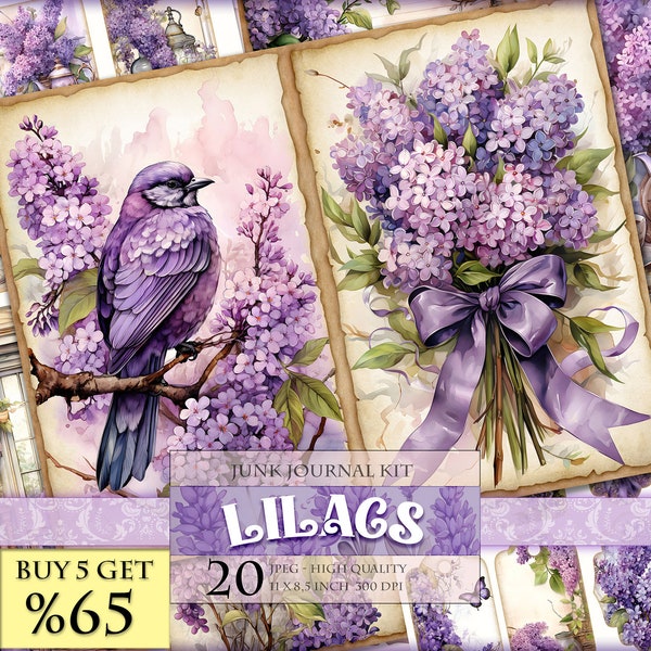 Lilacs, Watercolor Floral Junk Journal Kit, 20 JPG - 11X8.5 inch, Instant download and printable, Digital collage sheet