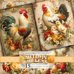 Pollos de otoño, calabaza y flores, imagen JPG imprimible de 15, paisaje floral de otoño, diario basura vintage, efímera, decoupage, descarga instantánea.
