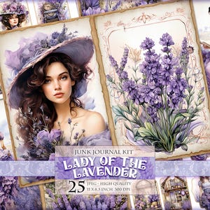 Lady Of The Lavender, kit per diario con acquerello floreale, 25 immagini JPG stampabili, materiale effimero, foglio di collage digitale, download immediato.
