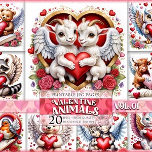 Animales de San Valentín Vol.01, Páginas digitales imprimibles, Hojas de collage, HQ 20 JPG - 10 X 10 pulgadas, Junk Journal Scrapbook, Descarga instantánea.