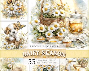 Daisy Season, Spring Flowers, Floral Clipart, Printable HQ 33 JPG image, Junk Journal Folio Pages, Scrapbook Ephemera, Instant download.