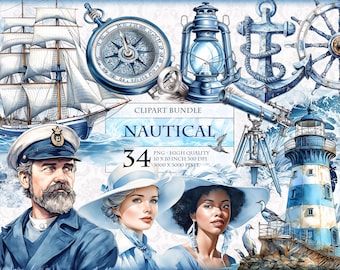 Nautical - Marine themed Watercolor Clipart Bundle, Printable 34 HQ PNG image, Fussy Cut, Ephemera, Craft, illustration, instant download.