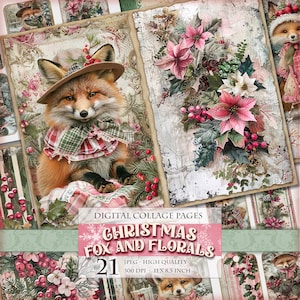 Renard de Noël et fleurs, kit imprimable Junk Journal, Pages numériques de scrapbooking, étiquettes, ATC, 21 JPG 11 x 8,5 pouces Téléchargement instantané.