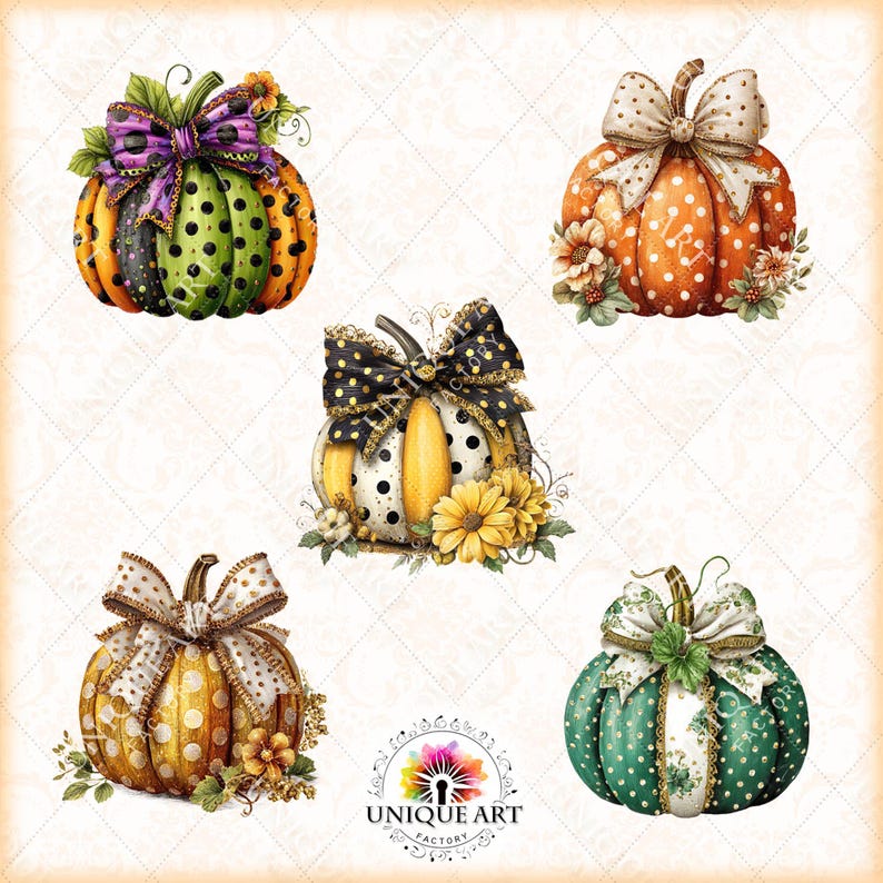 May include: Watercolor illustrations of pumpkins in various colors, including orange, green, and yellow, adorned with bows and floral accents. The pumpkins feature polka dots and decorative patterns, perfect for fall decor.