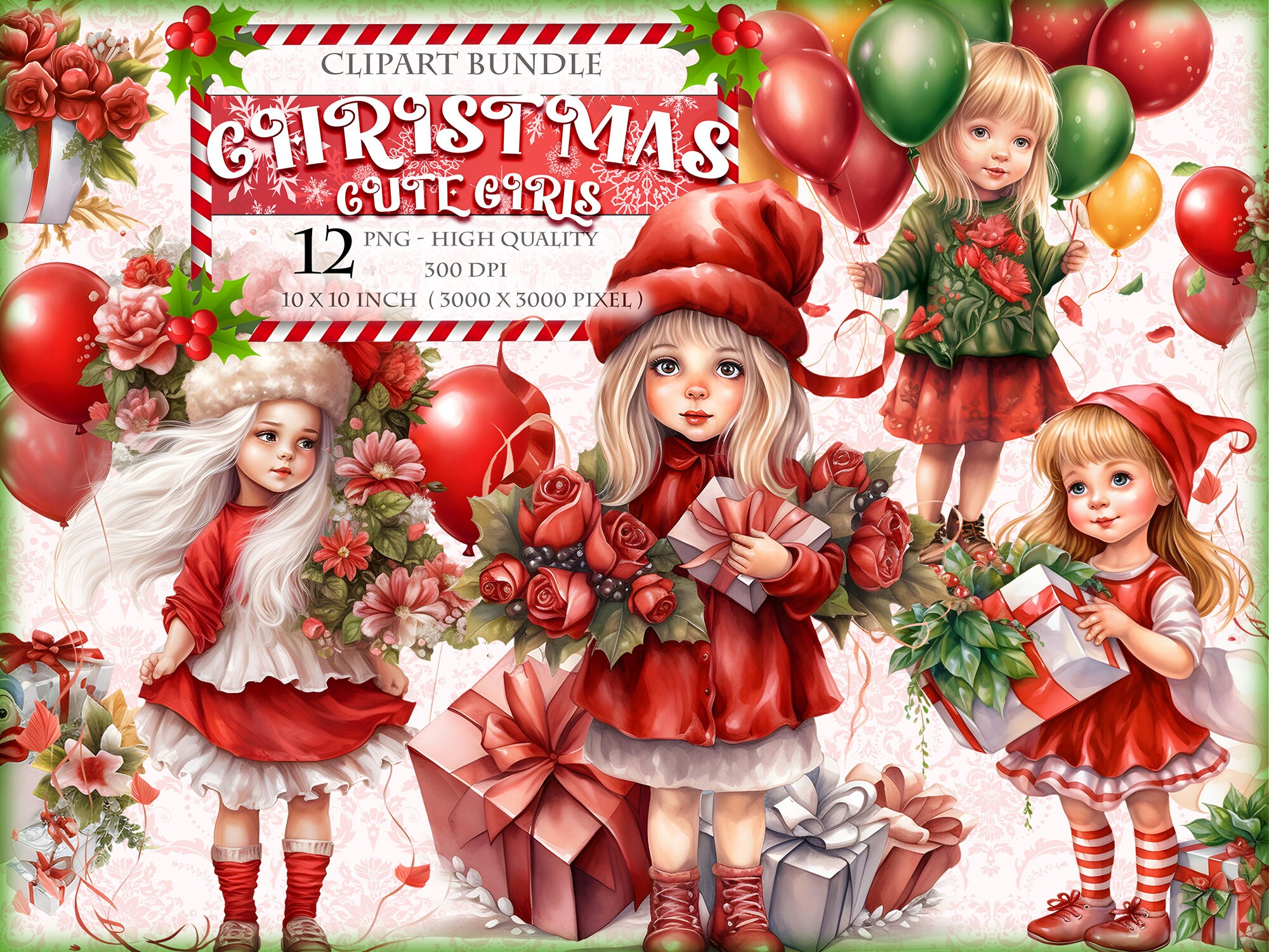 Christmas Cute Girls Gifts and Balloons Watercolor Clipart - Etsy