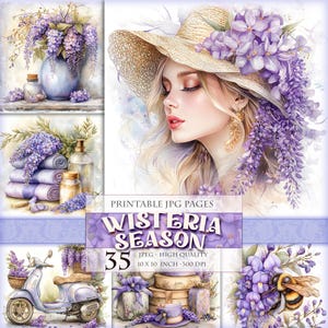 Glyzinien Saison, Frühlingsblumen, Blumen Clipart, druckbares JPG Bild, Junk Journal Folio Seiten, Scrapbook Ephemera, Sofort Download.
