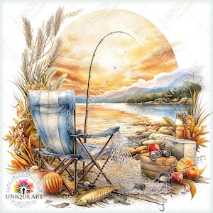 May include: Watercolor illustration of a fishing scene with a blue and white folding chair, fishing rod, net, and a fish on a rocky shore. The background features a sunset over a lake and mountains. Decorative art.