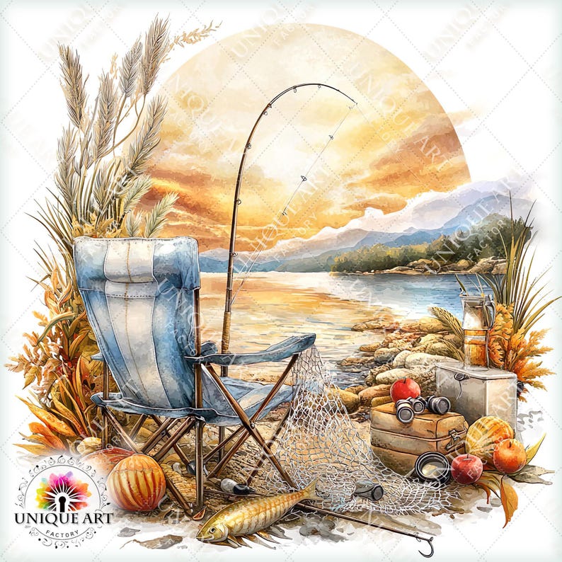 May include: Watercolor illustration of a fishing scene with a blue and white folding chair, fishing rod, net, and a fish on a rocky shore. The background features a sunset over a lake and mountains. Decorative art.