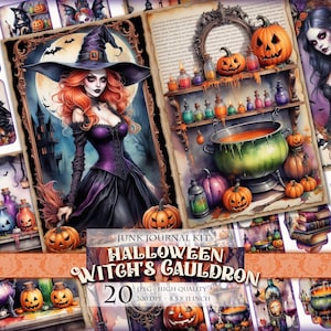 Halloween Witch's Cauldron, Horror Themed Watercolor Junk Journal Kit, Printable 20 JPG image, Scrapbook Ephemera Tag Label Instant download