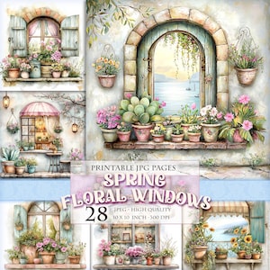 May include: A set of 28 printable digital images featuring spring floral window scenes. Each image is 10 inches by 10 inches and 300 DPI. The images feature windows with various floral arrangements, including pink, white, and yellow flowers, as well as green plants. Some windows have views of the sea or a cityscape.