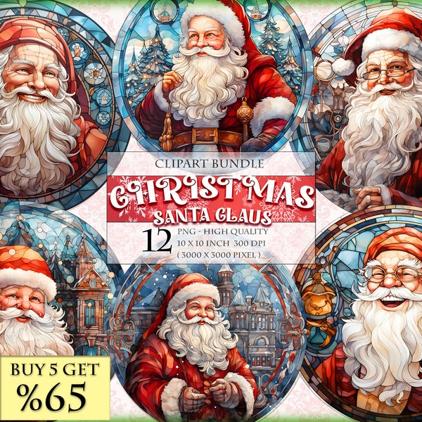 Christmas - Stained Glass Santa Claus, Watercolor Clipart Bundle, HQ Printable, PNG format, instant download.