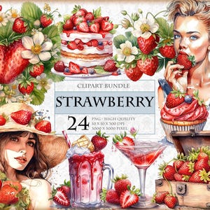 Fraise - Bundle de cliparts aquarelle - Téléchargement instantané au format PNG imprimable HQ