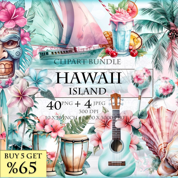 Hawaii Island - Tropical Island - Beach -  Watercolor Clipart Bundle - HQ Printable PNG + JPEG format instant download.