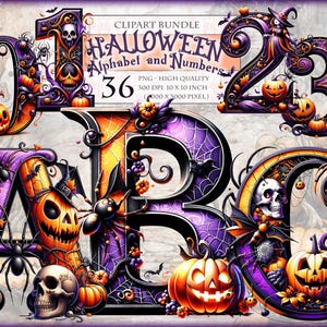 Alfabeto e números de Halloween, pacote de clipart, 36 formatos PNG transparentes para impressão em HQ, download instantâneo.