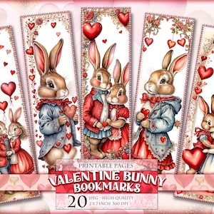 Valentine Bunny Lesezeichen, Valentinstag, Aquarell, digitale Blätter, 2 x 7 Zoll 20 Lesezeichen in 4 druckbare JPG Seiten, sofort download.