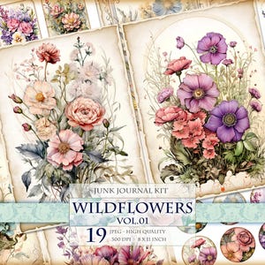 Wildblumen Vol. 01, Floraler Frühling, druckbares 19 JPG Bild, Aquarell Junk Journal Ephemera Scrapbook Postkarte, Sofort Download