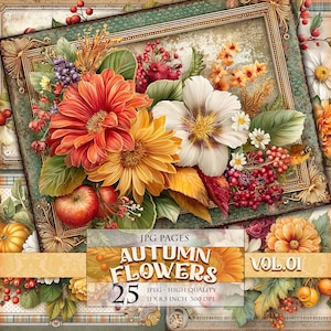 Fleurs d'automne Vol.01, paysage floral d'automne, image imprimable 25 JPG, découpage numérique éphémère de journal de scrapbooking, téléchargement immédiat.