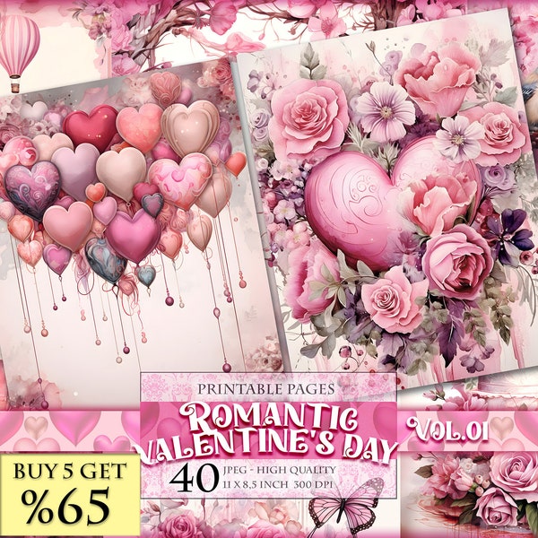 Romantic Valentine's Day Vol.01, Watercolor Printable Junk Journal Pages, 40 JPG - 8,5 X 11 inch, Instant download, Digital Collage Sheets