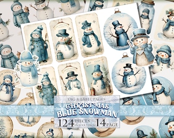 Christmas Blue Snowman Tags, Labels, ATC, Watercolor Junk Journal Embellishments, 124 Pieces in 14 Printable Pages, Digital Collage Sheets