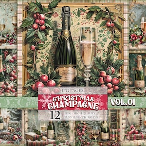 Christmas Champagne Vol.01, Neol Drinks, 12 JPG Bild zum Ausdrucken, Clipart Scrapbook, Junk Journal, Ephemera Postkarte, Sofort Download.