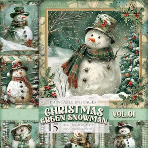 Paisaje navideño con muñeco de nieve verde, vol. 01, 15 imágenes en alta calidad en formato JPG, clipart de acuarela para imprimir en estilo shabby chic, descarga instantánea de postales para decoupage de álbumes de recortes