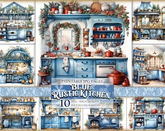 Rustic Blue Kitchens, Watercolor printable image, HQ 10 JPG 13,5x13,5 inch, junk journal, scrapbook, Instant download.