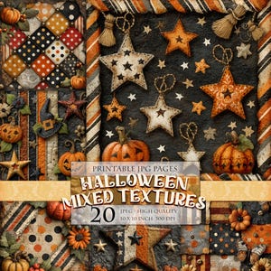Könnte beinhalten: Ein digitaler Collage-Entwurf zum Thema Halloween mit Kürbissen, Sternen und Patchwork-Mustern in Orange, Schwarz und Creme. Der Text "HALLOWEEN MIXED TEXTURES" ist sichtbar, zusammen mit Produktdetails. Das Bild ist 10 x 10 Zoll groß.