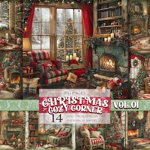 クリスマス コージー コーナー Vol.01、冬の風景、印刷可能なデジタル画像 10 x 10 インチ 14 JPG スクラップブック ジャンク ジャーナル デコパージュ 即時ダウンロード