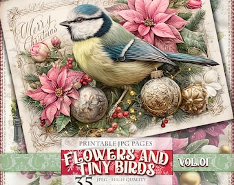 Christmas Flowers and Tiny Birds Vol.01, Printable 35 JPG image, Nostalgic Noel Journal Scrapbook Ephemera Clipart Pages, Instant download.