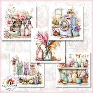 May include: A collage of watercolor illustrations featuring laundry and cleaning themes. Images include a washing machine, spray bottles, floral arrangements, and dresses hanging on a clothesline. The color palette is soft, with pastel pinks, greens, and purples.