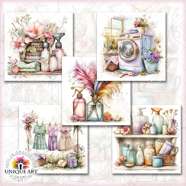 May include: A collage of watercolor illustrations featuring laundry and cleaning themes. Images include a washing machine, spray bottles, floral arrangements, and dresses hanging on a clothesline. The color palette is soft, with pastel pinks, greens, and purples.
