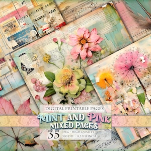 Pages mélangées menthe et rose, feuilles de collage aquarelle scrapbooking, imprimable 35 une seule page JPG - 11 X 8,5 pouces, téléchargement immédiat.