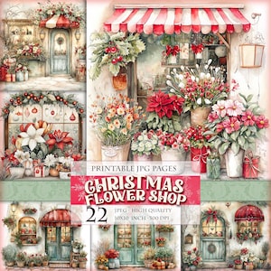 Boutique de fleurs de Noël, 22 images JPG imprimables pour Scrapbooking Junk Journal carte postale découpage aquarelle clipart vintage, téléchargement immédiat.