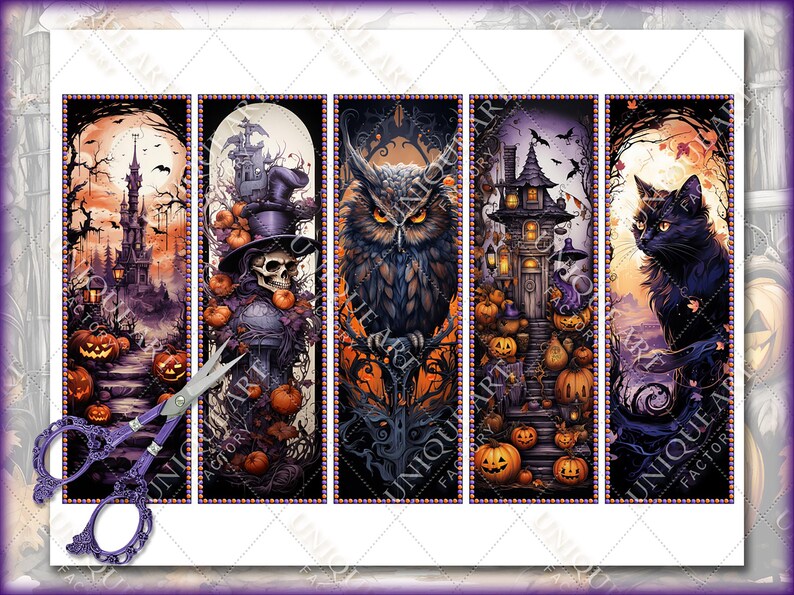 May include: Four vertical panels with Halloween themes. The first panel shows a spooky house with a jack-o-lantern on the porch. The second panel shows a skull wearing a top hat and surrounded by pumpkins. The third panel shows an owl with glowing eyes. The fourth panel shows a black cat with green eyes.
