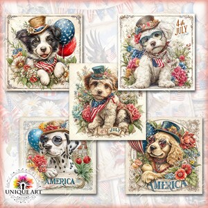 May include: A collection of square art prints featuring adorable dogs dressed in patriotic attire. Each print showcases a different breed, adorned with hats, glasses, and American flag accessories, surrounded by flowers and balloons. The prints have the words "America" and "4th July".