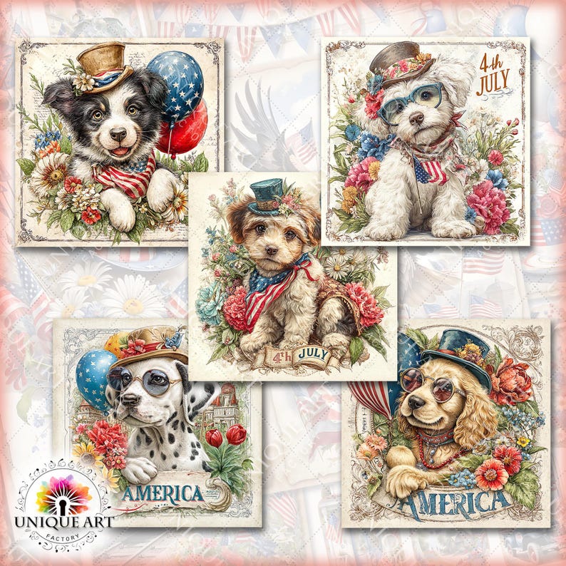 May include: A collection of square art prints featuring adorable dogs dressed in patriotic attire. Each print showcases a different breed, adorned with hats, glasses, and American flag accessories, surrounded by flowers and balloons. The prints have the words "America" and "4th July".